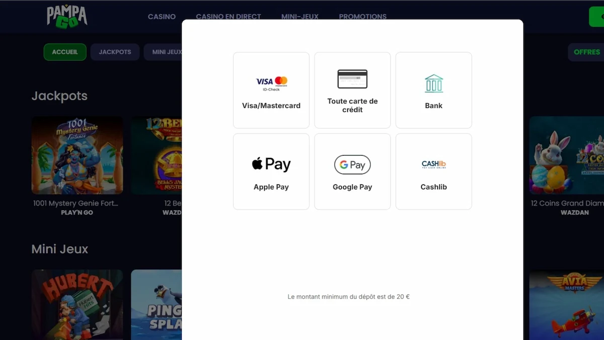 Moyens de paiement proposés dans la caisse de PampaGo