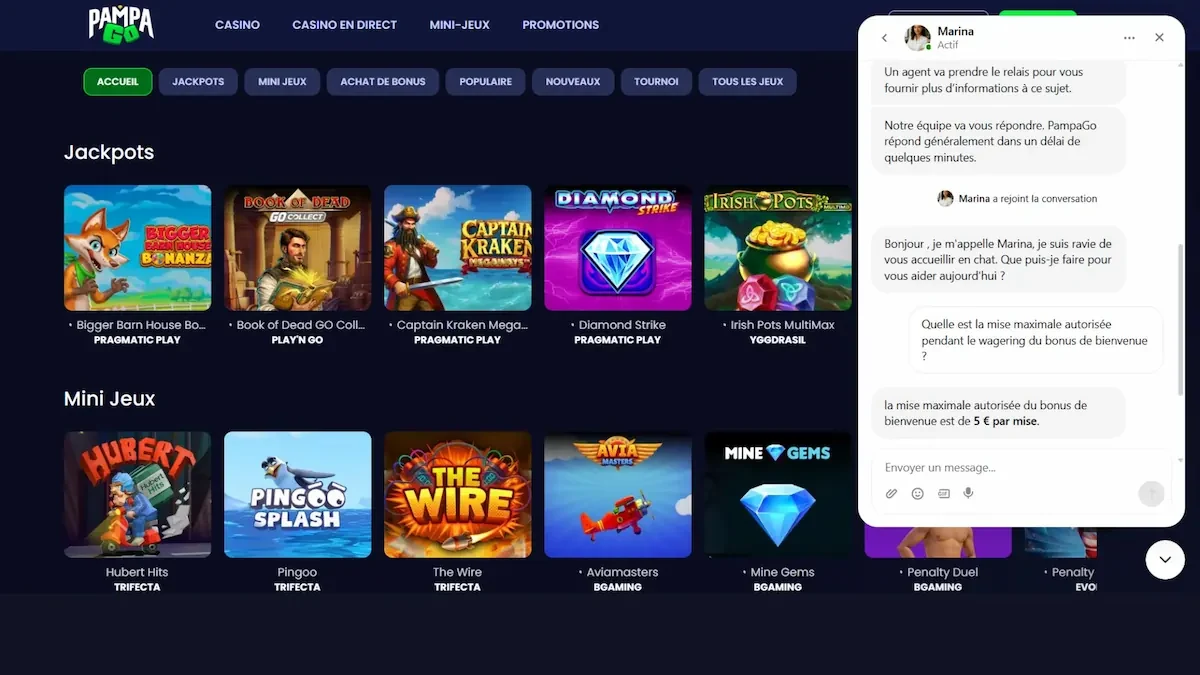 Chat d'assistance de PampaGo Casino